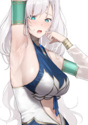 Rule 34 | 1girl, arm up, armpit focus, armpits, arms up, bare shoulders, blue eyes, blush, breasts, clothing cutout, detached sleeves, dress, grey hair, highres, hololive, hololive indonesia, jewelry, large breasts, long hair, mitsuru (pixiv 34028718), navel, open mouth, pavolia reine, pavolia reine (1st costume), presenting armpit, sideboob, stomach cutout, virtual youtuber, white sleeves