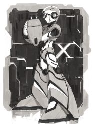 Rule 34 | 1boy, absurdres, android, arm cannon, armor, character name, closed mouth, commentary request, from side, full body, gloves, greyscale, hand on own arm, helmet, highres, hoshi mikan, male focus, mega man (series), x (mega man), mega man x (series), monochrome, profile, redesign, robot ears, solo, standing, weapon