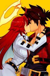 1boy 1girl bodysuit breasts brown_hair closed_eyes couple gloves guilty_gear guilty_gear_strive hair_between_eyes halo headband highres husband_and_wife jack-o&#039;_valentine kiss long_hair multicolored_hair ponytail red_hair smgold sol_badguy spiked_hair spiked_halo two-tone_hair white_bodysuit white_hair