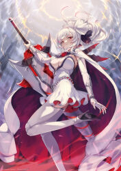 1girl artist_request breasts bridal_gauntlets cape cleavage doll_joints expressionless floating_hair flower from_below high_heels highres holding holding_weapon joints large_breasts little_witch_nobeta long_hair looking_at_viewer official_art red_eyes red_flower red_rose rose sky solo thighhighs vanessa_(little_witch_nobeta) weapon white_hair white_thighhighs