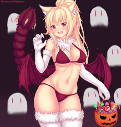 Rule 34 | 1girl, abs, animal ear fluff, animal ears, bikini, blonde hair, blush, breasts, candy, cleavage, fingernails, food, ghost, gloves, highres, large breasts, long fingernails, manticore (monster girl encyclopedia), midriff, monster girl, monster girl encyclopedia, nottytiffy, open mouth, pumpkin, sideboob, swimsuit, thighhighs, thighs, tiffy (nottytiffy), underboob
