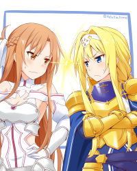 Rule 34 | 2girls, alice zuberg, angry, armor, asuna (sao), blue cape, body armor, braid, braided ponytail, breasts, brown eyes, brown hair, cape, cleavage, felutiahime, female focus, floating hair, gloves, gold armor, hairband, hand on own hip, highres, knight, lightning glare, long hair, matching hair/eyes, multiple girls, pauldrons, shoulder armor, staring, sword art online, sword art online: alicization, sword art online: alicization - war of underworld, white gloves, white hairband