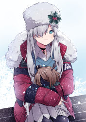 Rule 34 | 1girl, absurdres, alternate costume, anastasia (fate), anastasia (shvibzik snow) (fate), bench, black choker, black pantyhose, blue background, blue eyes, choker, closed mouth, coat, doll, fate/grand order, fate (series), fur-trimmed coat, fur hat, fur trim, gradient background, grey hair, grey skirt, hat, highres, holding, holding doll, holly, jewelry, long hair, long sleeves, looking at viewer, open clothes, open coat, pantyhose, pendant, red coat, sitting, skirt, sleeves past wrists, smile, snowflakes, snowing, solo, ushanka, wing collar, winter clothes, winter coat