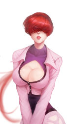Rule 34 | 1girl, a494800, absurdres, breasts, buttons, cleavage, clothing cutout, commentary request, covered collarbone, cropped jacket, hair over eyes, highres, jacket, large breasts, lips, long hair, long sleeves, low ponytail, parted lips, pink jacket, red hair, shermie (kof), shiny skin, simple background, solo, the king of fighters, upper body