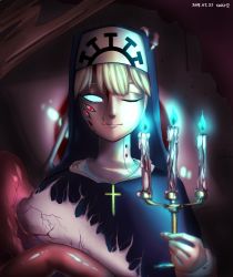 Rule 34 | 1girl, 2015, blank eyes, blonde hair, blood, blood on face, blue fire, candlestand, cross, cross necklace, double (skullgirls), extra eyes, fire, highres, holding, jewelry, licking lips, necklace, nun, one eye closed, rassy, red eyes, skullgirls, smile, solo, tongue, tongue out, upper body