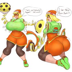 Rule 34 | 1girl, absurdres, alternate ass size, alternate breast size, arms (game), ass, blonde hair, blush, breasts, curvy, female focus, full body, green eyes, highres, huge ass, huge breasts, la potato, min min (arms), nintendo, solo, talking, wide hips