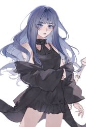 Rule 34 | 1girl, bare shoulders, bb3oe, black dress, black jacket, blue eyes, blue hair, closed mouth, commentary request, cowboy shot, dress, final fantasy, final fantasy xiv, gaia (ff14), highres, jacket, korean commentary, long hair, long sleeves, off shoulder, simple background, solo, white background
