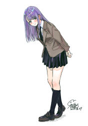 Rule 34 | 1girl, absurdres, arms behind back, black necktie, black socks, blush, brown footwear, brown jacket, closed mouth, collared shirt, dated, full body, geshumaro, green eyes, highres, jacket, leaning forward, long hair, long sleeves, looking at viewer, miniskirt, necktie, original, own hands together, pleated skirt, purple hair, shirt, shoes, signature, simple background, skirt, smile, socks, solo, white background, white shirt, wing collar