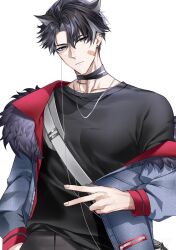 Rule 34 | 1boy, alternate costume, animal ears, bandage on face, bandages, black choker, black hair, black shirt, choker, closed mouth, coat, earrings, fur-trimmed coat, fur trim, genshin impact, hair between eyes, highres, jewelry, looking at viewer, male focus, multicolored hair, necklace, scar, scar on neck, shirt, short hair, simple background, solo, streaked hair, upper body, v, white background, wriothesley (genshin impact), z0umu, zipper
