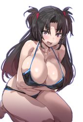 Rule 34 | 1girl, bikini, black bikini, black hair, blush, bow (bhp), breasts, cleavage, crossed arms, large breasts, long hair, looking at viewer, lower teeth only, mole, mole under eye, open mouth, original, parted bangs, red eyes, red hair, simple background, sitting, solo, swimsuit, teeth, two side up, white background