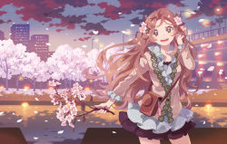 Rule 34 | 1girl, bf. (sogogiching), bridge, cherry blossoms, cityscape, female focus, flower, long hair, nature, original, outdoors, plant, skirt, sky, solo, water