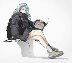 Rule 34 | 1girl, absurdres, backpack, bag, black jacket, blue eyes, blue hair, commentary, computer, countryman (artist), crossed legs, earpiece, expressionless, full body, girls&#039; frontline, gloves, grey background, highres, holding, holding laptop, jacket, laptop, long hair, looking at viewer, mk 153 (girls&#039; frontline), shoes, simple background, sitting, sneakers, socks, solo, white gloves, white socks, wire