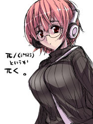 Rule 34 | 1girl, between breasts, breasts, glasses, headphones, large breasts, original, red eyes, red hair, ribbed sweater, short hair, simple background, solo, strap, strap between breasts, sweater, tokita monta, white background