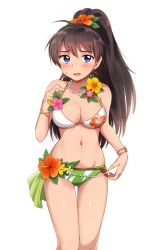 Rule 34 | 1girl, bikini, blue eyes, blush, breasts, brown hair, cleavage, cowboy shot, floral print, flower, ganaha hibiki, hair flower, hair ornament, hibiscus, high ponytail, hiiringu, idolmaster, idolmaster (classic), jewelry, large breasts, long hair, looking at viewer, navel, necklace, open mouth, ponytail, simple background, solo, standing, strap gap, strap lift, swimsuit, thigh gap, white background