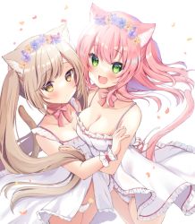 Rule 34 | 2girls, :d, animal ear fluff, animal ears, babydoll, blush, bow, bow panties, bowtie, breasts, cat ears, cat girl, cat tail, cleavage, closed mouth, collarbone, cowboy shot, dot mouth, fang, flower, frilled babydoll, green eyes, hair between eyes, hair flower, hair ornament, hamico, highres, hug, light brown hair, long hair, looking at viewer, medium breasts, multiple girls, open mouth, original, panties, pantyshot, pink bow, pink bowtie, pink hair, simple background, small breasts, smile, spaghetti strap, standing, tail, tail raised, thighs, twintails, two side up, underwear, very long hair, white babydoll, white background, white panties, wrist cuffs, yellow eyes