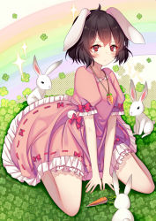 Rule 34 | 1girl, animal, animal ears, black hair, blush, rabbit, carrot, clover, dress, four-leaf clover, full body, hecha (01964237), highres, inaba tewi, jewelry, looking at viewer, necklace, pink dress, puffy sleeves, rabbit ears, rabbit girl, rabbit tail, rainbow, red eyes, short hair, short sleeves, sitting, solo, sparkle, tail, touhou