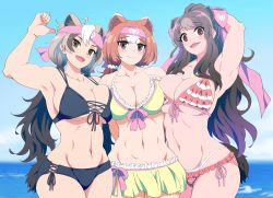Rule 34 | 3girls, absurdres, ahoge, animal ears, arm up, armpits, arms behind back, asymmetrical docking, bear ears, bear girl, bear tail, bergman&#039;s bear (kemono friends), bikini, bikini skirt, black hair, bow, breast press, breasts, brown eyes, brown hair, cleavage, collarbone, cowboy shot, day, empty eyes, extra ears, ezo brown bear (kemono friends), fang, finger gun, frilled bikini, frills, front-tie bikini top, front-tie top, furrowed brow, grey hair, hair bow, hair ornament, hair scrunchie, halterneck, headband, highres, horizon, kemono friends, kodiak bear (kemono friends), large breasts, long hair, looking at viewer, mamiyama, multicolored hair, multiple girls, navel, ocean, open mouth, outdoors, scrunchie, side-by-side, side-tie bikini bottom, side-tie bottom, sidelocks, stomach, swimsuit, tail, toned, twintails, two-tone hair, unaligned breasts, underboob, very long hair, water, white hair
