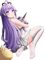 Rule 34 | 1girl, :o, absurdres, ahoge, alternate hairstyle, ass, azur lane, bare arms, bare shoulders, bird, black ribbon, blue eyes, blush, breasts, buko (bukosuki), cleavage, hugging doll, dress, feet, from behind, full body, hair ribbon, highres, holding, holding toy, hug, legs, long hair, looking at viewer, looking back, looking to the side, manjuu (azur lane), no shoes, hugging object, official alternate costume, on floor, open mouth, parted lips, purple eyes, purple hair, ribbon, simple background, sitting, sleeveless, sleeveless dress, small breasts, soles, solo, stuffed animal, stuffed toy, thighhighs, thighs, toes, toy, unicorn, unicorn (azur lane), unicorn (icy-sweet storytime) (azur lane), very long hair, wariza, white background, white dress, white thighhighs