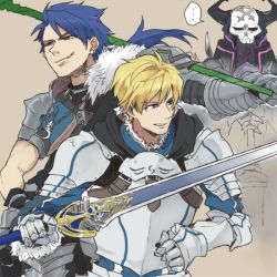 Rule 34 | 3boys, armor, arthur pendragon (fate), blonde hair, blue hair, cu chulainn (fate), cu chulainn (fate/prototype), excalibur (fate/stay night), fate/grand order, fate/prototype, fate (series), gauntlets, green eyes, holding, holding weapon, hood, horns, king hassan (fate), long hair, male focus, mask, multiple boys, polearm, ponytail, red eyes, ree (re-19), short hair, skull, spear, sword, weapon