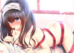 Rule 34 | 10s, 1boy, 1girl, absurdres, ass, blue eyes, breast on chest, breast press, breasts, brown hair, candy, chocolate, chocolate heart, eyes visible through hair, food, food in mouth, girl on top, go-1, hairband, heart, highres, idolmaster, idolmaster cinderella girls, indoors, long hair, lying, lying on person, medium breasts, mouth hold, naked ribbon, on stomach, red ribbon, ribbon, sagisawa fumika, shirt, solo focus, white shirt, window