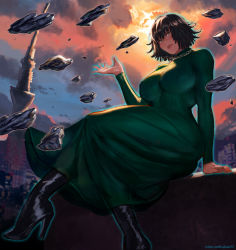 Rule 34 | 1girl, black hair, boots, breasts, closed mouth, dress, fubuki (one-punch man), green eyes, high heel boots, high heels, jewelry, large breasts, looking at viewer, necklace, one-punch man, rejean dubois, short hair, sitting, solo, telekinesis