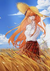 Rule 34 | 1girl, arknights, bagpipe (arknights), casual, female focus, hat, highres, horns, long hair, open mouth, orange hair, plaid, plaid skirt, purple eyes, shirt, skirt, solo, straw hat, wheat, wheat field, white shirt, wind, windmill