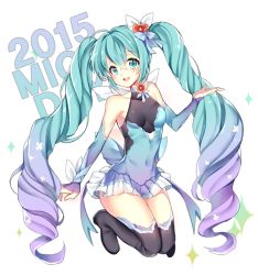 Rule 34 | 10s, 1girl, 2015, aqua eyes, aqua hair, black footwear, black thighhighs, boots, covered navel, detached sleeves, full body, hatsune miku, leotard, long hair, looking at viewer, open mouth, pingo, simple background, solo, thigh boots, thighhighs, twintails, very long hair, vocaloid, white background