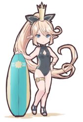 Rule 34 | 10s, 1girl, :&lt;, bad id, bad twitter id, black bow, black one-piece swimsuit, blonde hair, blue eyes, bow, bracelet, breasts, charlotta (granblue fantasy), cleavage, cleavage cutout, clothing cutout, crown, full body, granblue fantasy, hair bow, hair up, harvin, harvin, high ponytail, jewelry, long hair, one-piece swimsuit, pointy ears, sandals, sherad, simple background, small breasts, solo, standing, surfboard, swimsuit, thigh strap, white background
