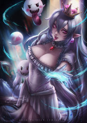 Rule 34 | 1girl, axsen, boo (mario), breasts, cleavage, dress, earrings, gloves, highres, jewelry, large breasts, long hair, looking at viewer, magic, mario (series), nintendo, open mouth, pointy ears, princess king boo, purple eyes, sharp teeth, silver hair, solo, standing, super crown, teeth, tongue, tongue out, white dress, white gloves