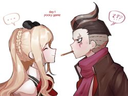 Rule 34 | ..., 1boy, 1girl, ?, ??, barry nah, black bow, black hair, black jacket, blonde hair, blush, bow, bowtie, braid, closed eyes, commentary request, danganronpa (series), danganronpa 2: goodbye despair, english text, food, french braid, from side, grey eyes, grey hair, hair bow, highres, jacket, long hair, looking at another, mouth hold, multicolored hair, pocky, profile, puffy short sleeves, puffy sleeves, purple scarf, red bow, scarf, short hair, short sleeves, simple background, smile, sonia nevermind, spoken ellipsis, spoken question mark, sweatdrop, tanaka gundham, white background