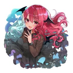 Rule 34 | 1girl, :d, alternate costume, artist name, black dress, blush, border, breasts, bug, butterfly, commentary request, demon wings, dress, grey background, hair between eyes, hand up, head wings, highres, insect, koakuma, large breasts, long hair, long sleeves, looking at viewer, natsuki (ukiwakudasai), open mouth, red eyes, red hair, simple background, smile, solo, touhou, upper body, white border, wings