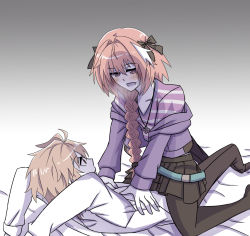 Rule 34 | 2boys, ahoge, astolfo (fate), astolfo (memories at trifas) (fate), belt, black skirt, blue belt, blush, braid, brown hair, commentary, commentary request, eyepatch, fate/apocrypha, fate (series), fokwolf, hair ribbon, highres, jacket, male focus, multicolored hair, multiple boys, official alternate costume, open clothes, open jacket, open mouth, pantyhose, pink hair, purple eyes, purple jacket, purple theme, ribbon, shirt, short hair, sieg (fate), single braid, sitting, skirt, striped clothes, striped shirt, trap, yaoi
