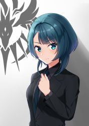 Rule 34 | 1girl, aizawa kazuha, assault lily, black jacket, blue eyes, blue hair, blue necktie, blunt bangs, breasts, closed mouth, collared shirt, commentary request, emblem, formal, gradient background, grey background, grey shirt, gungun (hakutou7887), hand up, highres, jacket, light blush, long sleeves, looking at viewer, medium breasts, medium hair, necktie, shadow, shirt, solo, standing, suit, upper body, v-shaped eyebrows, white background