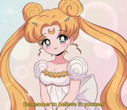 Rule 34 | 1990s (style), 1girl, bishoujo senshi sailor moon, blonde hair, blue eyes, blush, bow, breasts, bubble background, chellyko, cleavage, collarbone, crescent, crescent facial mark, double bun, dress, earrings, facial mark, hair bun, hair ornament, highres, jewelry, long hair, looking at viewer, medium breasts, multicolored background, princess serenity, puffy sleeves, retro artstyle, short sleeves, smile, sparkle, standing, subtitled, tsukino usagi, twintails, waist bow, white dress