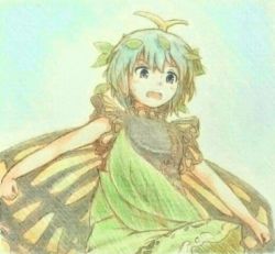 Rule 34 | 1girl, antennae, aqua hair, blush, brown eyes, butterfly wings, dress, eternity larva, fairy, green dress, hair between eyes, insect wings, jpeg artifacts, kakera (comona base), leaf, leaf on head, multicolored clothes, multicolored dress, open mouth, short hair, short sleeves, single strap, solo, touhou, upper body, wings