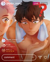 Rule 34 | 2boys, ?, abs, absurdres, black hair, blush, brown eyes, chat log, closed mouth, gaydio zrong, green eyes, highres, instagram, livestream, male focus, multiple boys, muscular, muscular male, navel, nipples, original, pectorals, pink hair, red shirt, shirt, short hair, towel, towel around neck, twitter username