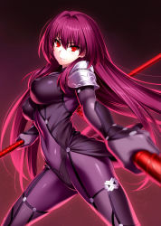 Rule 34 | 1girl, armor, black background, blurry, bodysuit, breasts, covered erect nipples, covered navel, depth of field, dual wielding, fate/grand order, fate (series), female focus, floating hair, gae bolg (fate), gradient background, hair between eyes, hair intakes, highres, holding, holding weapon, large breasts, long hair, looking at viewer, parted lips, pauldrons, polearm, purple background, purple bodysuit, purple hair, red eyes, scathach (fate), shoulder armor, shoulder pads, smile, solo, spear, standing, thighs, type-moon, very long hair, weapon, zen