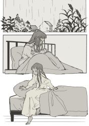 Rule 34 | 1girl, barefoot, bed, bed frame, bedding, closed mouth, commentary request, dress, duvet, from side, full body, greyscale, headboard, highres, house, indoors, long dress, long hair, mattress, monochrome, on bed, original, outdoors, peter pan collar, philia ell, pillow, rain, short bangs, simple background, solo, tono (rt0no), under covers, wheat, white background, white dress