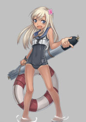 Rule 34 | 10s, 1girl, blonde hair, blue eyes, crop top, flower, hair flower, hair ornament, kantai collection, lifebuoy, long hair, one-piece tan, purutoppu (toranohige), ro-500 (kancolle), sailor collar, school swimsuit, simple background, swim ring, swimsuit, swimsuit under clothes, tan, tanline, torpedo