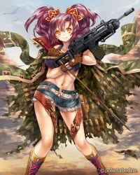 Rule 34 | &gt;:), 1girl, blush, boots, breasts, brown gloves, camouflage, cross, cross earrings, denim, denim shorts, earrings, eikou no guardian battle, gloves, gradient eyes, green eyes, gun, highres, jacket, jacket on shoulders, jewelry, knee boots, long hair, looking at viewer, madogawa, multicolored eyes, navel, official art, orange eyes, purple hair, shorts, smile, solo, sword, twintails, v-shaped eyebrows, weapon