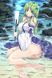 Rule 34 | 1girl, barefoot, beach, blue eyes, blue skirt, breasts, closed mouth, collared shirt, detached sleeves, frilled skirt, frills, frog hair ornament, fule, full body, gohei, green hair, hair ornament, hair tubes, highres, holding, kochiya sanae, large breasts, long hair, looking at viewer, nontraditional miko, outdoors, panties, rock, see-through, shirt, sitting, skirt, smile, snake hair ornament, solo, touhou, underwear, wet, white panties, white shirt, wide sleeves, yokozuwari