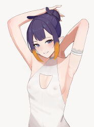 Rule 34 | 1girl, alternate costume, arm behind head, armpits, blue eyes, blunt bangs, blush, braid, braided bun, breasts, cleavage, collarbone, commentary, covered erect nipples, dress, english commentary, gradient hair, grin, hair bun, halterneck, highres, hololive, hololive english, ku roiko, looking at viewer, mole, mole under eye, multicolored hair, ninomae ina&#039;nis, nipples, no bra, open mouth, orange hair, pointy ears, purple hair, see-through, see-through dress, simple background, small breasts, smile, solo, teeth, tentacle hair, two-tone hair, upper body, virtual youtuber, white background, white dress