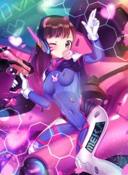 Rule 34 | 1girl, acronym, animal print, arm cannon, armor, blue bodysuit, blush, bodysuit, boots, bracer, breasts, brown eyes, brown hair, blowing bubbles, character name, charm (object), chewing gum, covered navel, d.va (overwatch), eyelashes, facepaint, facial mark, finger on trigger, gatling gun, gloves, gun, hands up, headphones, heart, highres, knee pads, long hair, long sleeves, mecha, medium breasts, meka (overwatch), one eye closed, overwatch, overwatch 1, pauldrons, pilot suit, rabbit print, ribbed bodysuit, robot, shoulder armor, shoulder pads, sitting, skin tight, smile, solo, spread legs, thigh boots, thigh strap, thighhighs, turtleneck, w, weapon, whisker markings, white footwear, white gloves, xian (pixiv11964491)