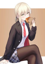 Rule 34 | 1girl, absurdres, artoria pendragon (all), artoria pendragon (fate), black coat, black pantyhose, black ribbon, blush, brown background, burger, coat, collared shirt, crossed legs, dress shirt, eating, fate/stay night, fate (series), food, hair between eyes, hair ribbon, highres, holding, holding food, invisible chair, letterboxed, long hair, long sleeves, looking at viewer, miniskirt, necktie, okuma707, open clothes, open coat, pantyhose, plaid necktie, plaid neckwear, ponytail, red necktie, ribbon, saber alter, shirt, silver hair, sitting, skirt, solo, white shirt, wing collar, yellow eyes