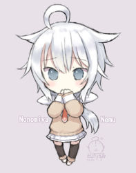 Rule 34 | 1girl, ahoge, bad id, bad pixiv id, black thighhighs, boots, brown footwear, brown sweater, capriccio, character name, commentary request, copyright request, covering own mouth, dated, full body, grey background, grey eyes, hair between eyes, hair flaps, hair ribbon, hands up, long hair, low ponytail, necktie, nonomiya nemu, pleated skirt, ponytail, red necktie, ribbon, signature, silver hair, simple background, skirt, solo, standing, sweater, thighhighs, very long hair, virtual youtuber, white ribbon, white skirt