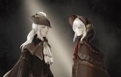Rule 34 | absurdres, ascot, bloodborne, face-to-face, hat, hat feather, highres, ivananeko, lady maria of the astral clocktower, plain doll, red ascot, tricorne, white hair