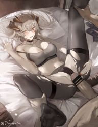 Rule 34 | 1boy, 1girl, arknights, bar censor, bare shoulders, bed sheet, black choker, black panties, black pantyhose, blush, breasts, censored, choker, cleavage, clothed female nude male, collarbone, completely nude, dokuro deluxe, dragon girl, dragon horns, dragon tail, erection, grey hair, grinding, grinding over clothes, hetero, highres, horns, large breasts, leg grab, legs up, long hair, looking at another, lying, nail polish, navel, no shoes, nude, on back, on bed, open mouth, orange eyes, panties, pantyhose, penis, pillow, pillow grab, red nails, saria (arknights), soles, solo focus, sports bra, spread legs, steaming body, stomach, strap slip, tail, thighband pantyhose, torn clothes, torn pantyhose, twitter username, underwear