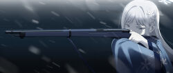 Rule 34 | 1girl, aumann, black background, blue archive, commentary request, grey eyes, gun, hair ornament, halo, haori, highres, holding, holding gun, holding weapon, japanese clothes, long hair, nagusa (blue archive), snow, solo, upper body, weapon, white hair, white halo