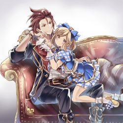 Rule 34 | 10s, 1boy, 1girl, alternate costume, artist name, blonde hair, blue bow, blush, boots, bow, breasts, brown eyes, couch, djeeta (granblue fantasy), gloves, granblue fantasy, hair bow, hair ribbon, hairband, hano haruka, head rest, head tilt, hetero, kimi to boku no mirai, knee boots, looking at viewer, percival (granblue fantasy), percival (the dragon knights) (granblue fantasy), plaid, plaid bow, plaid ribbon, puffy short sleeves, puffy sleeves, red eyes, red hair, ribbon, shoes, short hair, short sleeves, signature, sitting, skirt, smile, superstar (granblue fantasy), watch, yellow footwear
