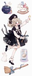 Rule 34 | 1girl, ankle cuffs, back bow, black bow, black eyes, black footwear, black hat, black skirt, black vest, blonde hair, blue bow, blue hat, blush stickers, bow, bow skirt, bowtie, broom, cauldron, club (shape), eyelashes, eyeshadow, frilled skirt, frilled sleeves, frills, full body, fur hat, grey eyeshadow, hair bow, hat, highres, holding, holding spoon, holding wand, jar, layered skirt, leg up, long sleeves, looking at viewer, makeup, mary janes, medium hair, miniskirt, moon, open mouth, original, outstretched arm, oversized object, pink bow, pointing, putong xiao gou, rabbit, red bow, rocking horse, sample watermark, shirt, shoes, skirt, smile, socks, solo, spoon, star (symbol), stirring, striped, striped bow, turtleneck, two-tone bow, ushanka, vest, wand, watermark, white background, white bow, white bowtie, white shirt, white socks
